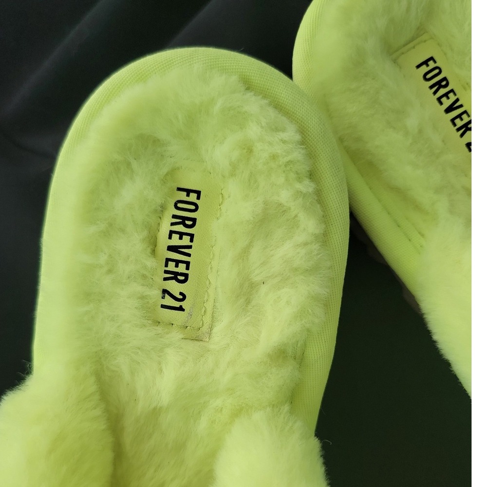 Forever 21 Neon Lime Green Faux Fur Criss Cross Slide Slippers - Picture 3 of 5
